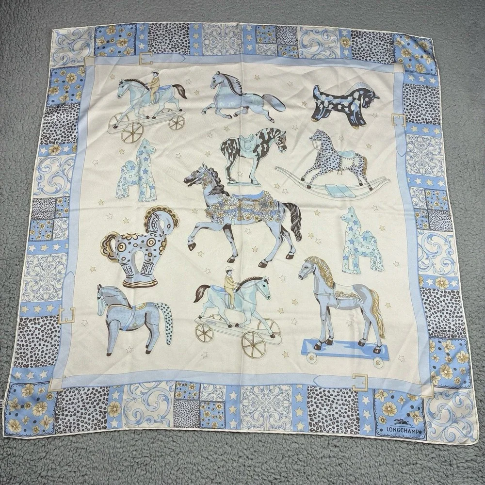Vintage Longchamp Silk Scarf 34x34 Blue Horse Equestrian Floral Italy Square